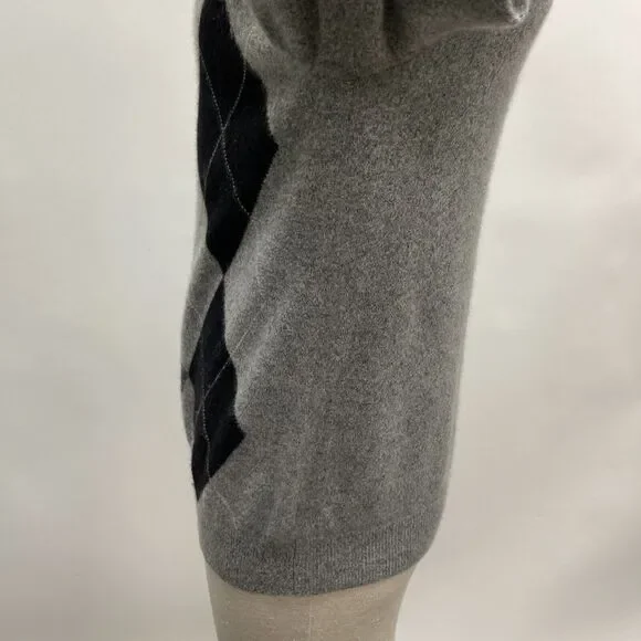 Northern Isles Sweater Medium Gray Argyle Diamond 100% 2 Ply Cashmere V-Neck